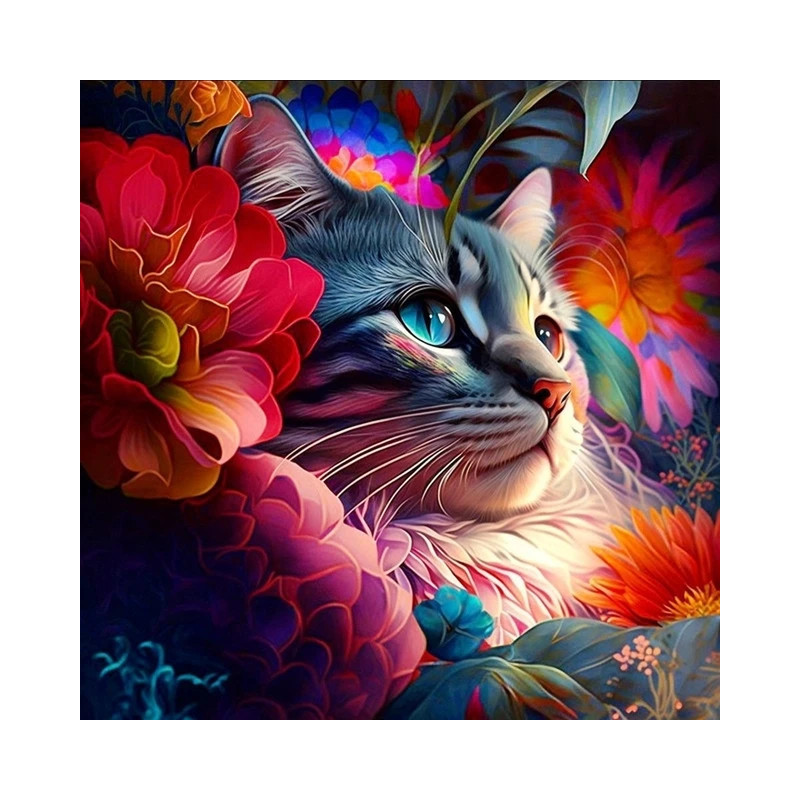 Resultat final du tableau Chat Fleuri Onirique Tableau Félin Fantastique