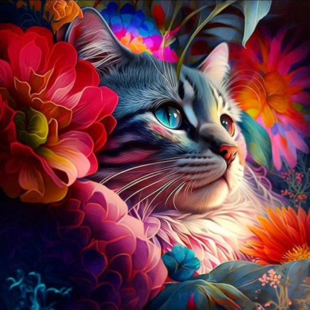 Chat Fleuri Onirique Tableau Félin Fantastique Peinture Par Numéro Chats