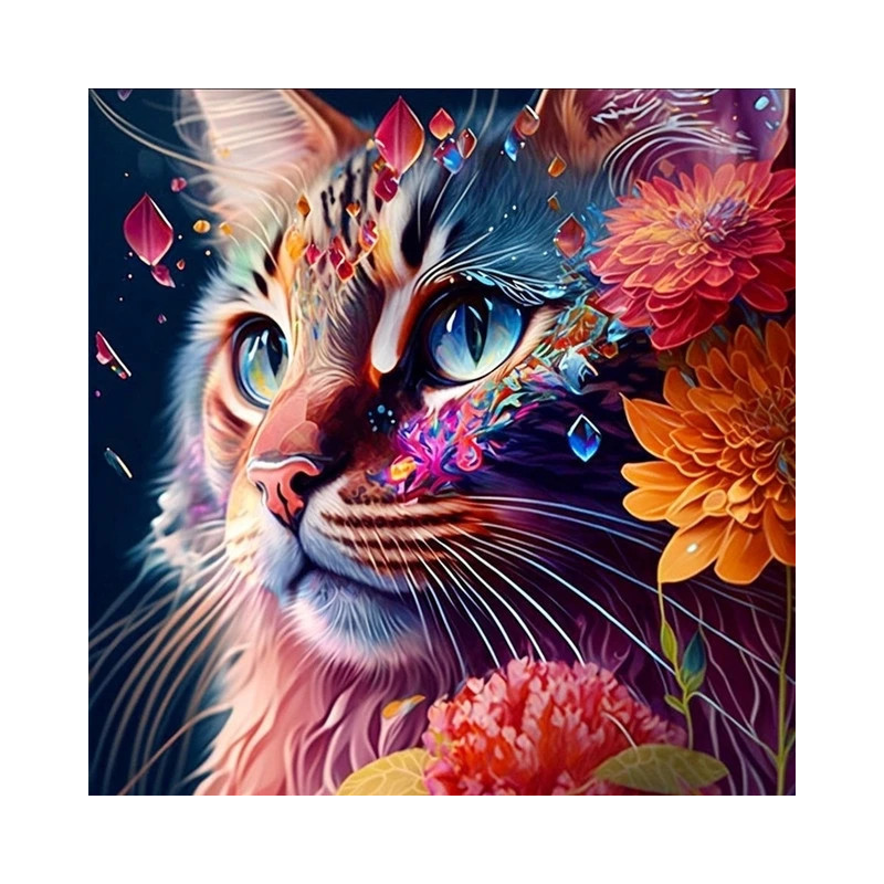 Resultat final du tableau Chat Fleurs Colorées