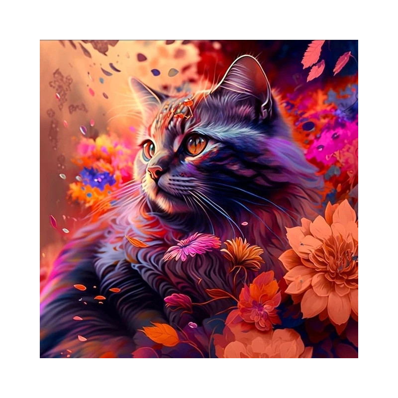 Resultat final du tableau Chat Fleuri Cosmique Tableau Félin Envoûtant