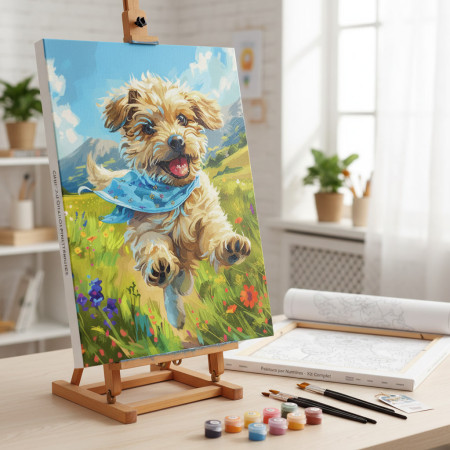 Chiot Doré Aventureux au Foulard Bleu Peinture Par Numéros Chiens