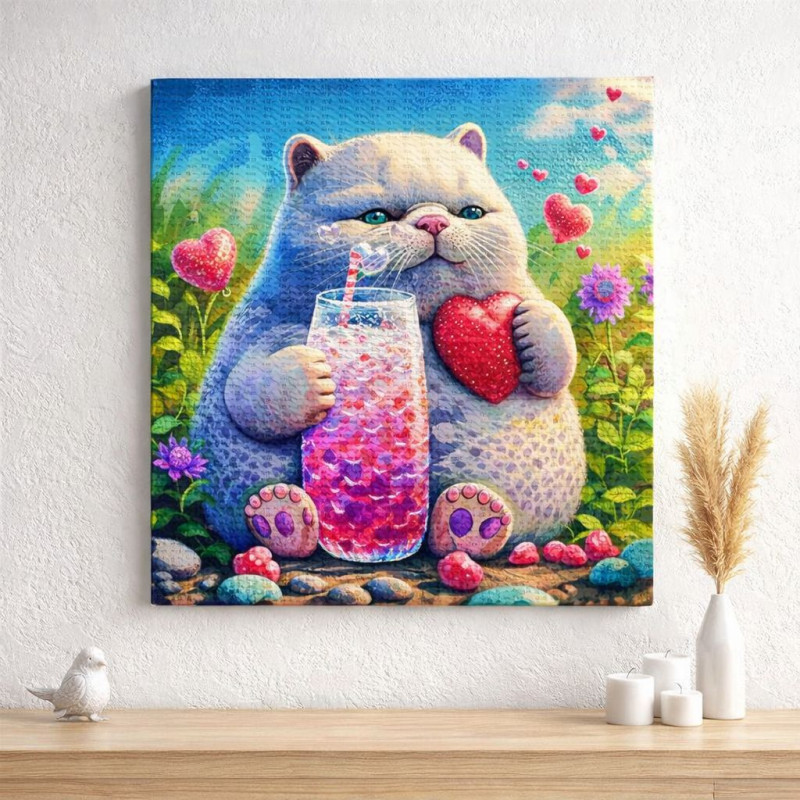 Résultat final de la peinture de chat gourmand au cocktail rose.
