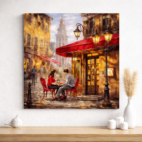 Café Parisien Romantique : Terrasse au Store Rouge Peinture par Numéro Saint-Valentin