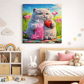 Chat Gourmand au Cœur et Cocktail Rose Peinture par Numéro Saint-Valentin