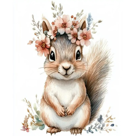 Écureuil et Couronne de Fleurs - 15x20cm Mini peinture par numéro