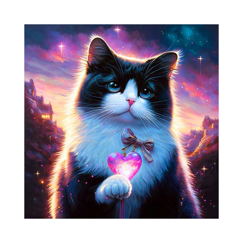 Résultat final de la peinture de chat céleste au cœur rose.