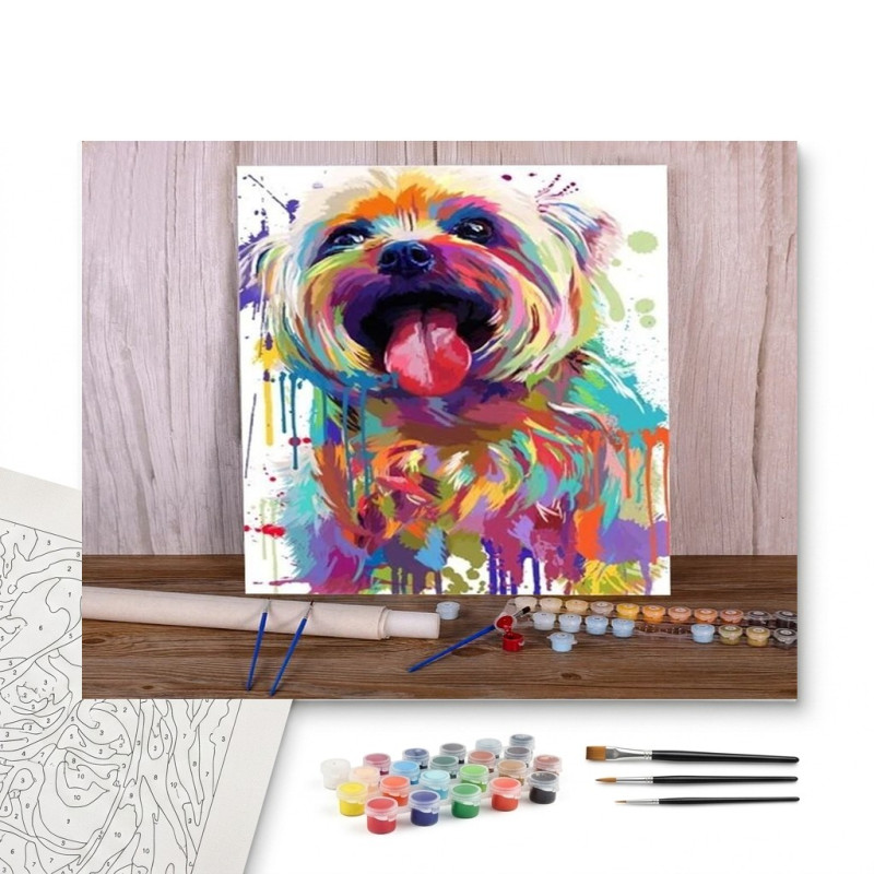 Contenu complet du kit peinture par numero Chien Joyeux Pop Art et Coulures Colorées