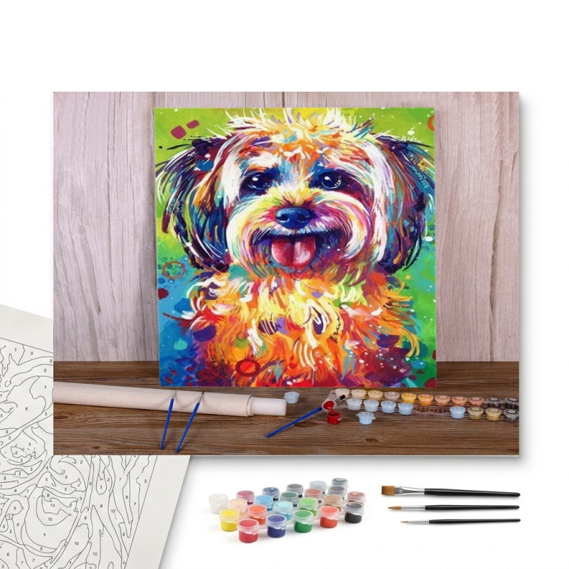 Contenu complet du kit peinture par numero Chien Rocky : Style Pop Art Multicolore