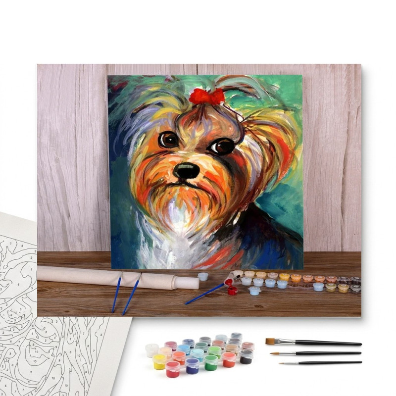 Contenu complet du kit peinture par numero Yorkshire Coquin au Nœud Rouge : Style Artistique
