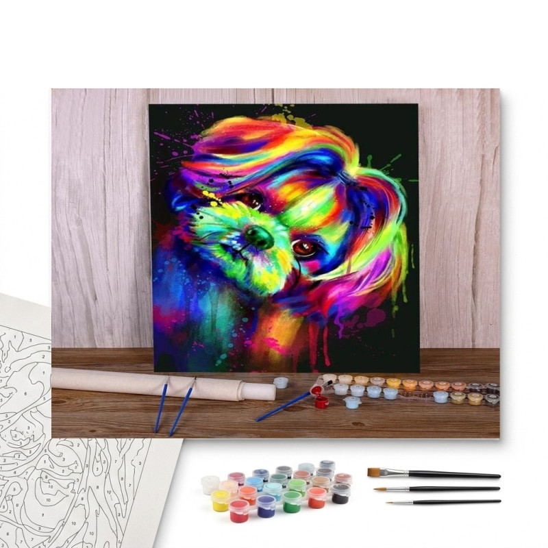 Contenu complet du kit peinture par numero Shih Tzu Pop Art aux Couleurs Néon