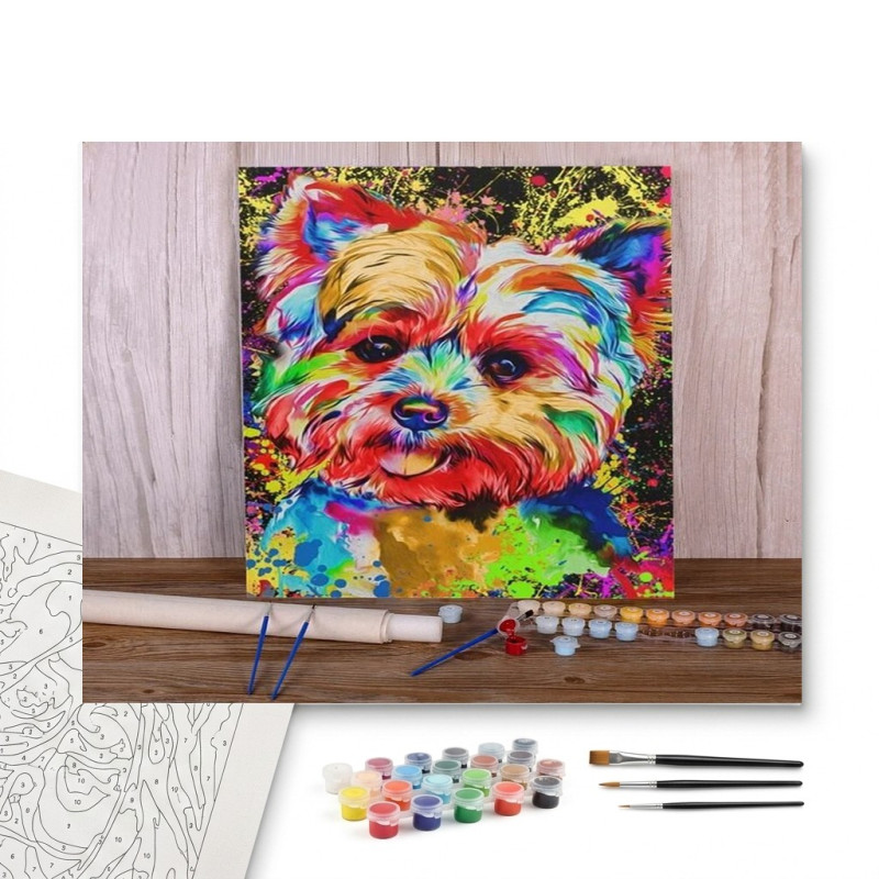 Contenu complet du kit peinture par numero Yorkshire Multicolore : Style Pop Art Pétillant