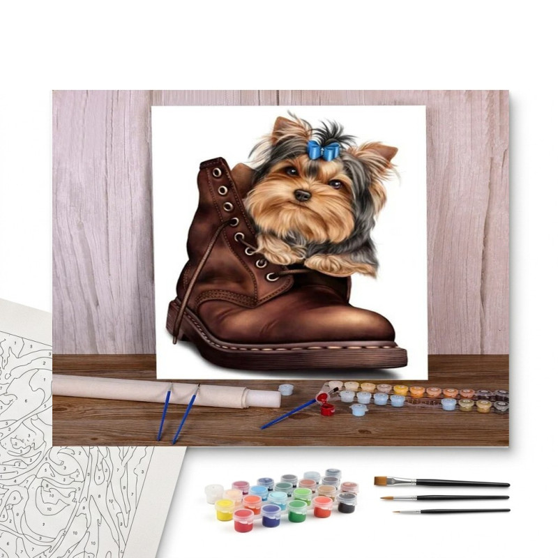 Contenu complet du kit peinture par numero Yorkshire dans sa Bottine : Douceur et Humour
