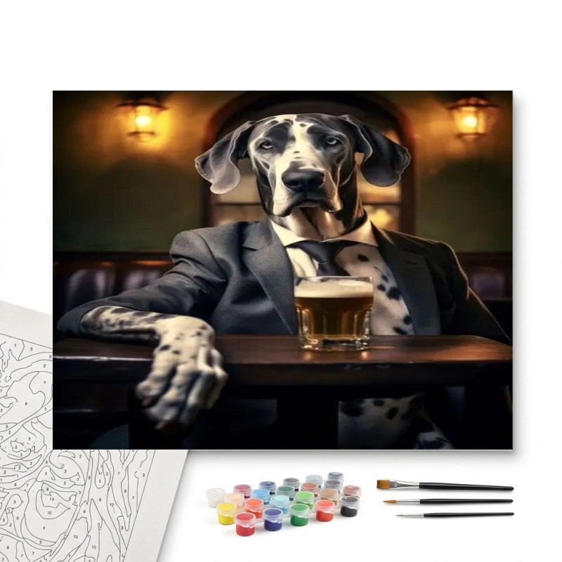 Contenu complet du kit peinture par numero Danois Élégant au Bar : Portrait Humour