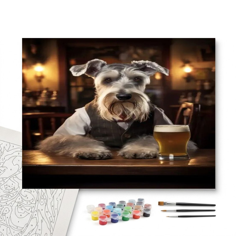 Contenu complet du kit peinture par numero Schnauzer Gentleman au Comptoir