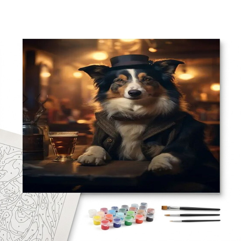 Contenu complet du kit peinture par numero Border Collie Gentleman au Chapeau et à la Bière