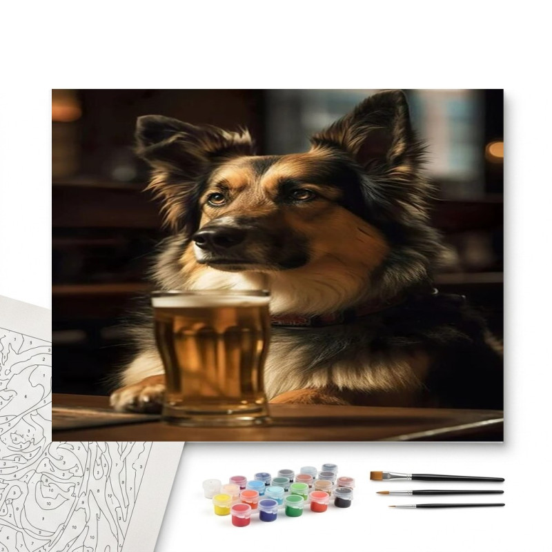 Contenu complet du kit peinture par numero Berger Allemand au Pub : Portrait Humour