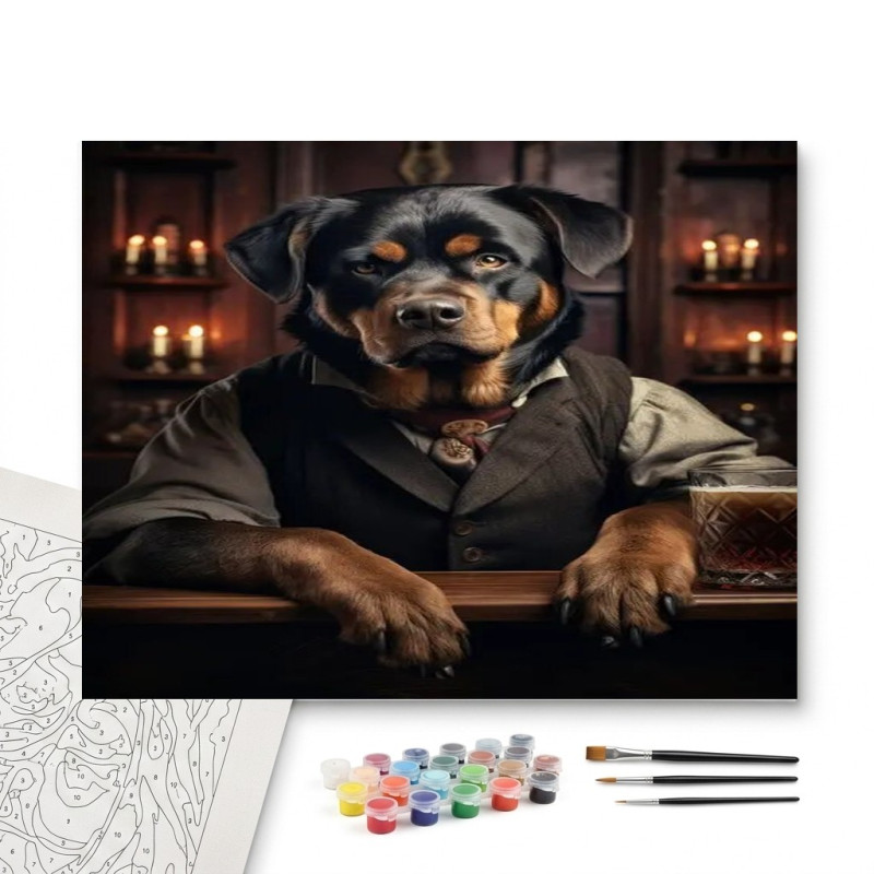 Contenu complet du kit peinture par numero Rottweiler Gentleman au Pub : Portrait de Caractère