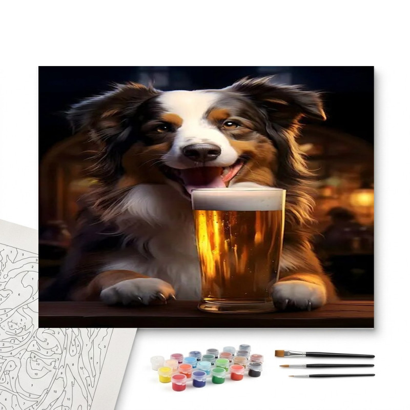 Contenu complet du kit peinture par numero Border Collie Joyeux au Bar