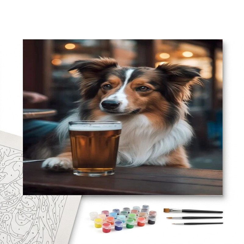 Contenu complet du kit peinture par numero Collie au Bar : Moment de Détente