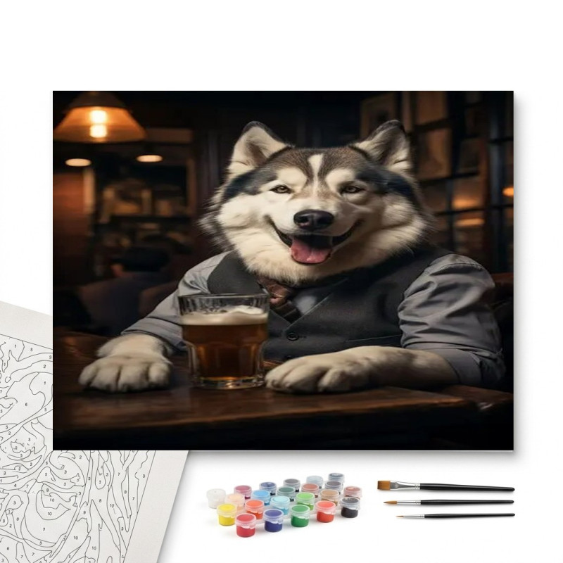 Contenu complet du kit peinture par numero Husky au Pub Gentleman Décontracté