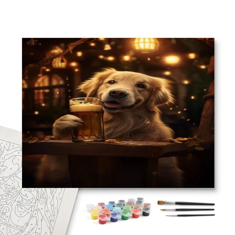 Contenu complet du kit peinture par numero Golden Retriever au Bar : La Pause Gourmande