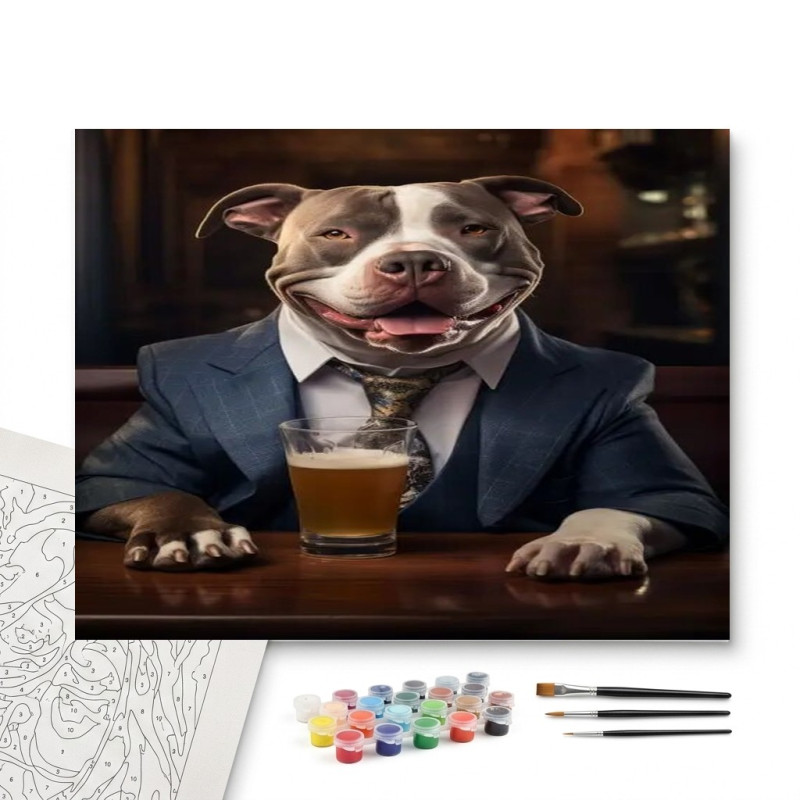 Contenu complet du kit peinture par numero Pitbull en Costume au Bar