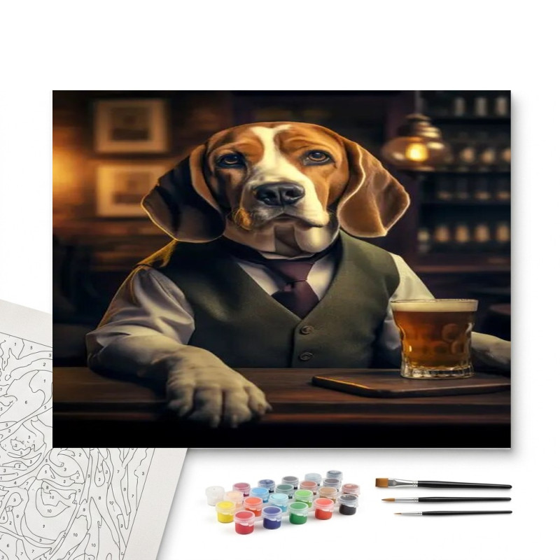 Contenu complet du kit peinture par numero Le Beagle Gentleman au Pub