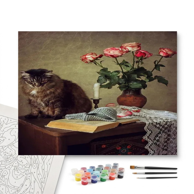 Contenu complet du kit Chat Persan et Bouquet de Roses : Ambiance Vintage