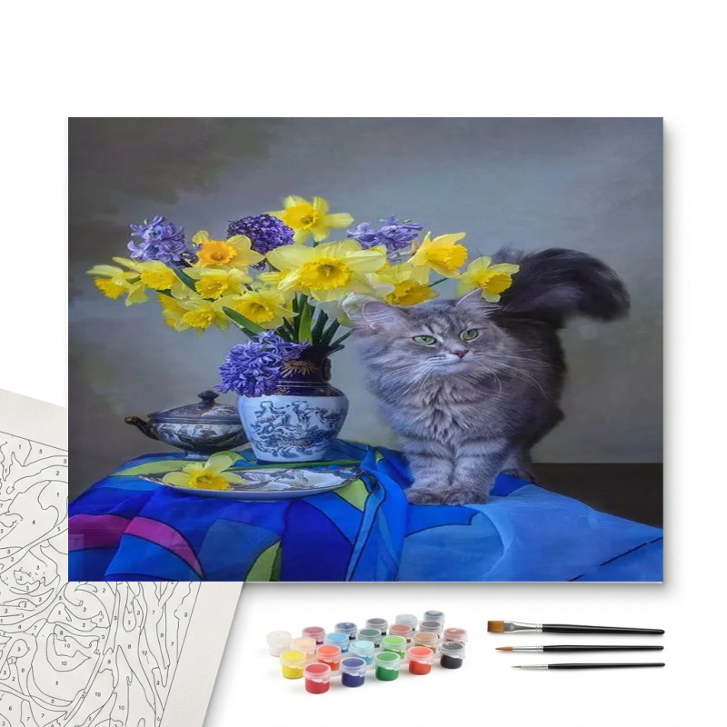 Contenu complet du kit peinture par numero Chat Persan Curieux et Bouquet de Printemps | Kit DIY Joyeux et Ludique