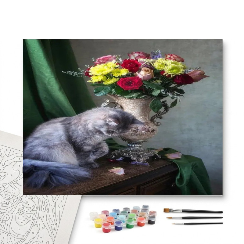 Contenu complet du kit peinture par numero Kit Chat Persan et Bouquet Multicolore