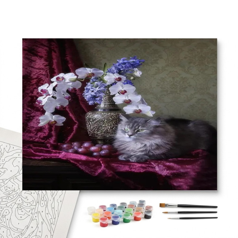 Contenu complet du kit peinture par numero Tableau Chat Persan et Orchidées Bleues
