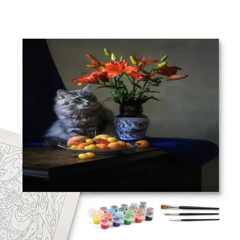 Contenu complet du kit peinture par numero Chat et Lys Orangés sur Fond Vintage