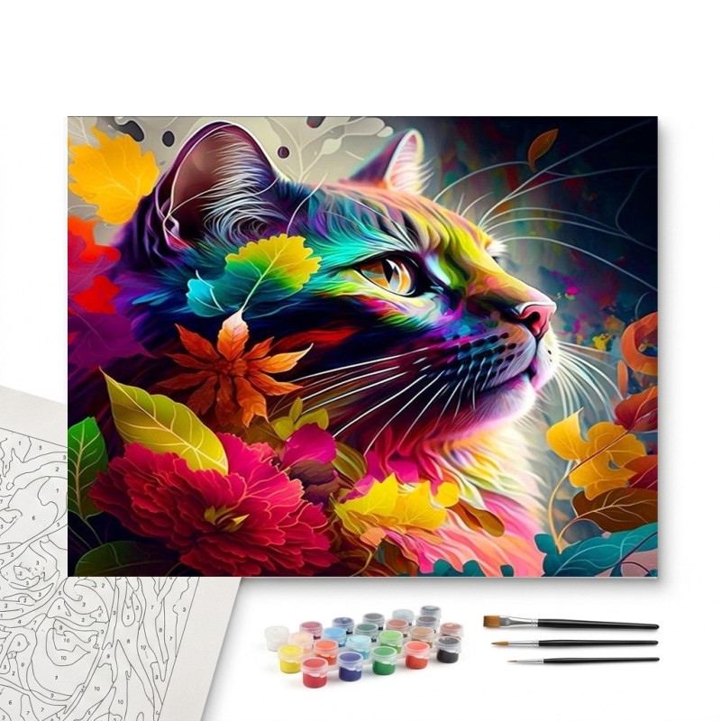 Contenu complet du kit peinture par numero Chat Psychédélique Tableau Coloré
