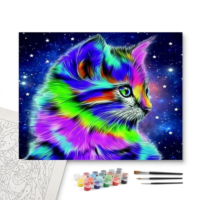 Contenu complet du kit peinture par numero Chat Cosmique Tableau Félin Stellaire