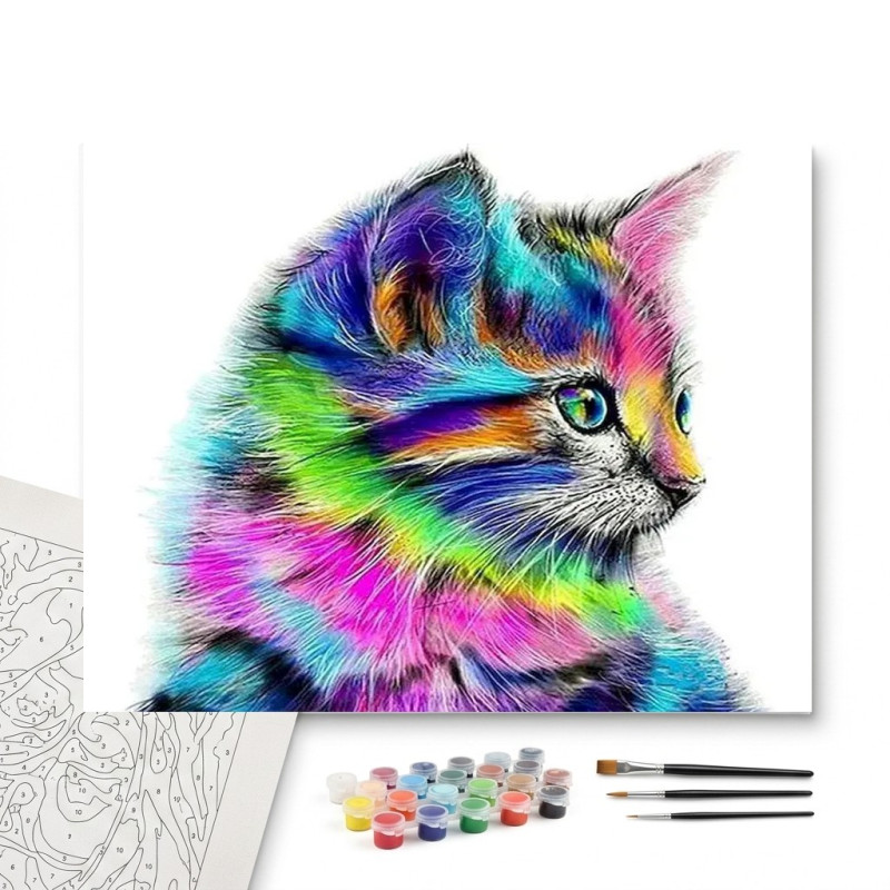 Contenu complet du kit peinture par numero Chat Arc-en-Ciel Tableau Félin Coloré