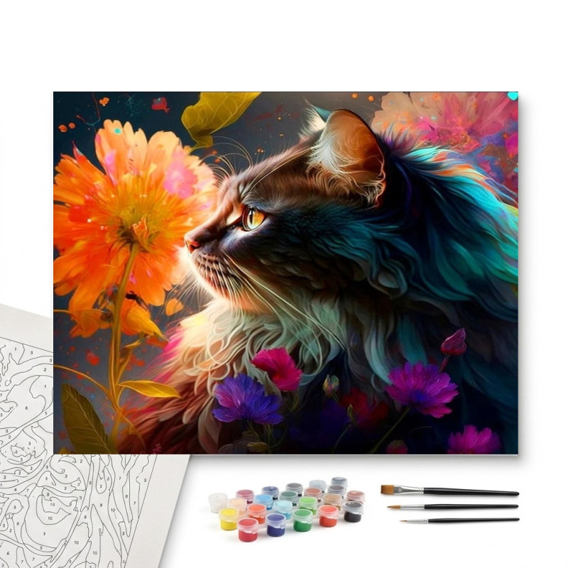 Contenu complet du kit peinture par numero Chat Fleuri Tableau Félin Enchanteur