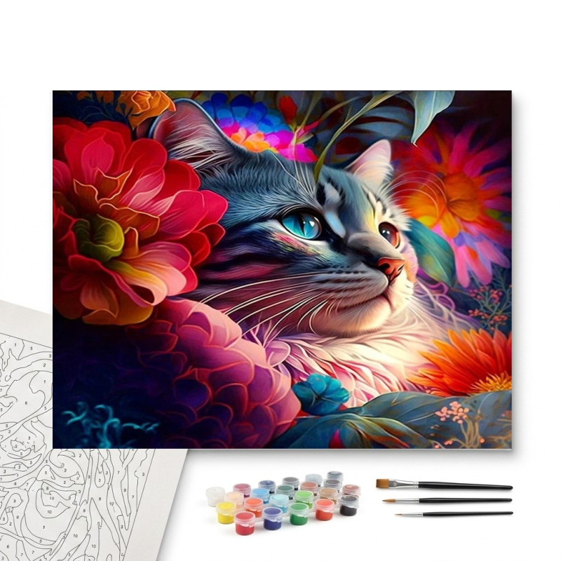 Contenu complet du kit peinture par numero Chat Fleuri Onirique Tableau Félin Fantastique