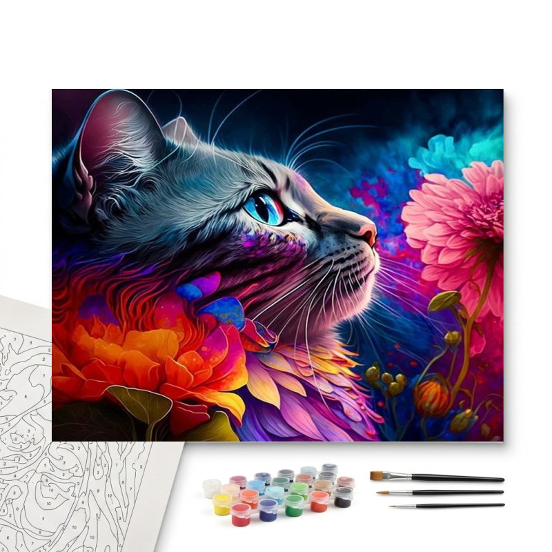 Contenu complet du kit peinture par numero Chat Floral Mystique Tableau Féerique