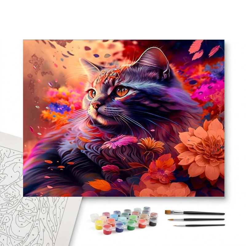 Contenu complet du kit peinture par numero Chat Fleuri Cosmique Tableau Félin Envoûtant