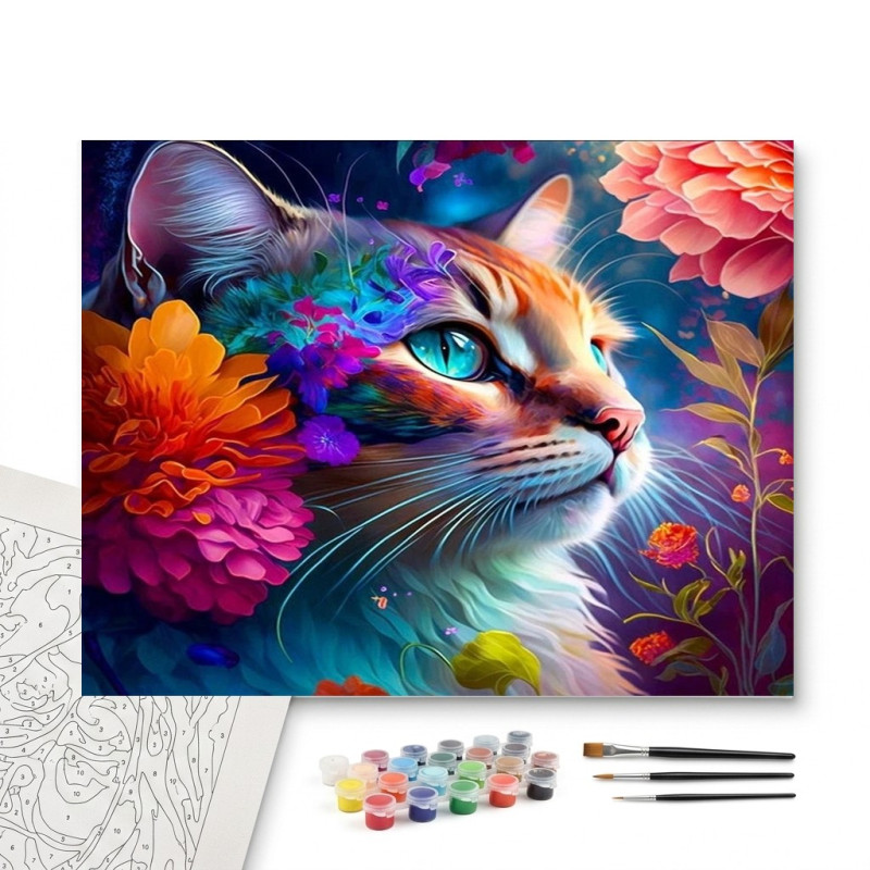 Contenu complet du kit peinture par numero Fleuri Enchanteur Tableau Félin Onirique