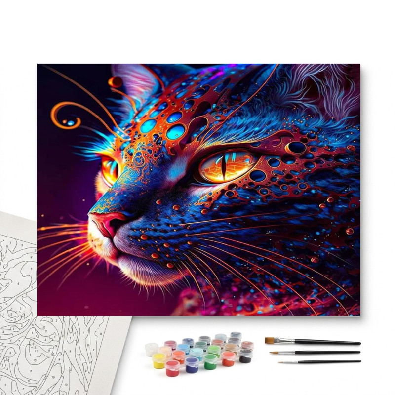 Contenu complet du kit peinture par numero Cosmique Tableau Félin Galactique
