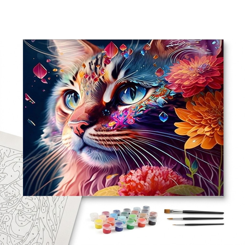 Contenu complet du kit peinture par numero Chat Fleurs Colorées