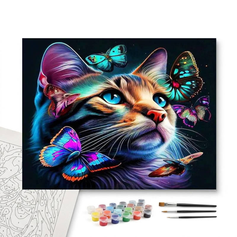 Contenu complet du kit peinture par numero Papillon Tableau Félin Enchanteur