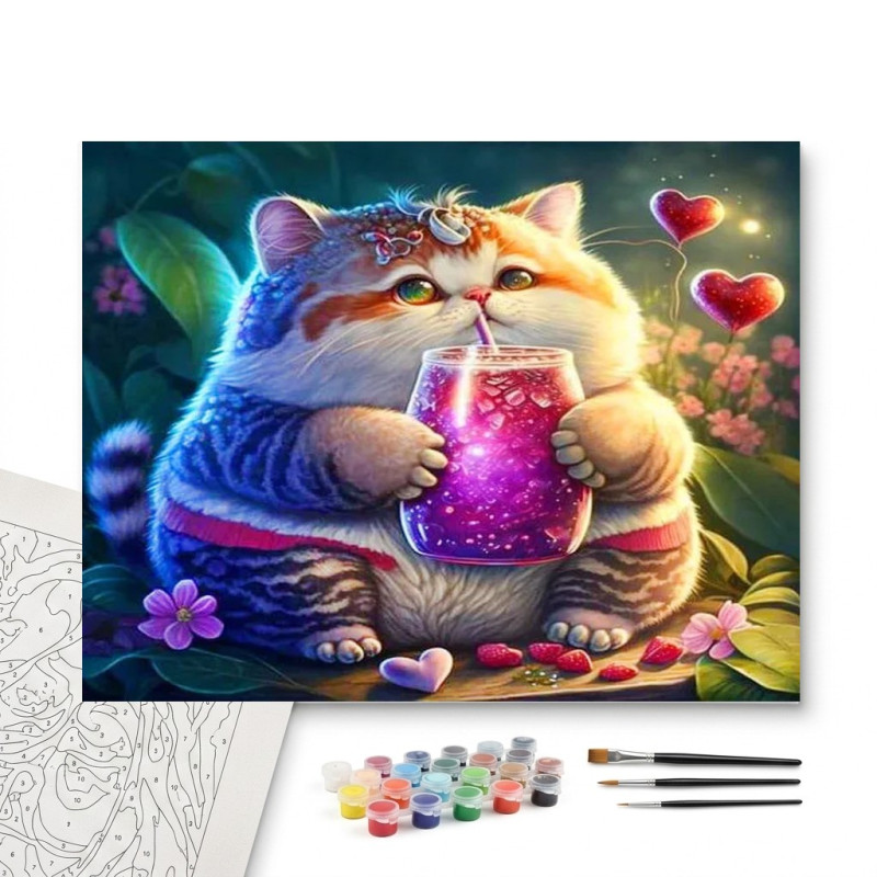 Contenu complet du kit peinture par numero Fruité Tableau Félin Gourmand