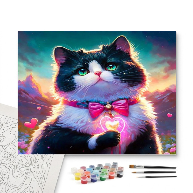 Contenu complet du kit peinture par numero Nœud Papillon Tableau Félin Élégant