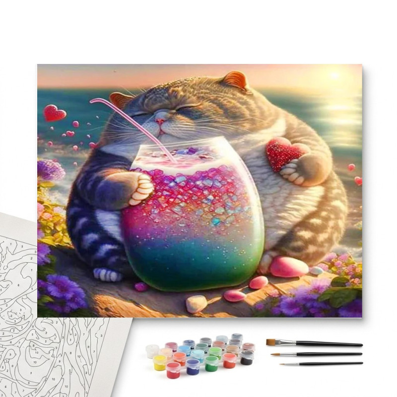 Contenu complet du kit peinture par numero Smoothie Tableau Félin Rafraîchissant