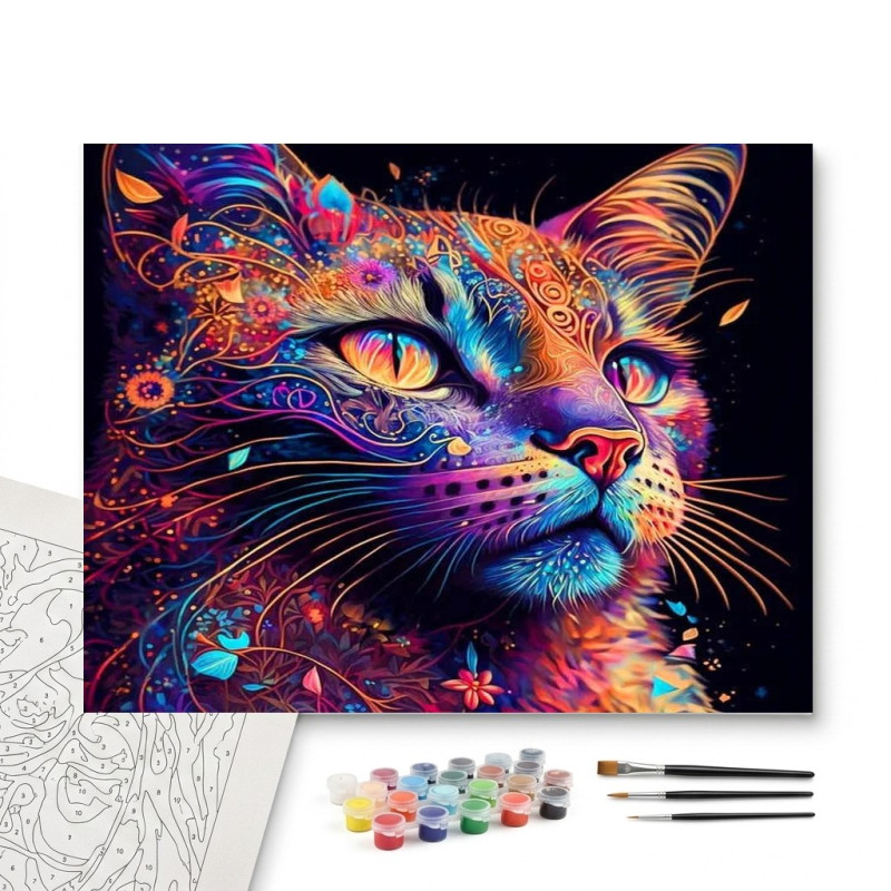 Contenu complet du kit peinture par numero Psychédélique Tableau Félin Hypnotique