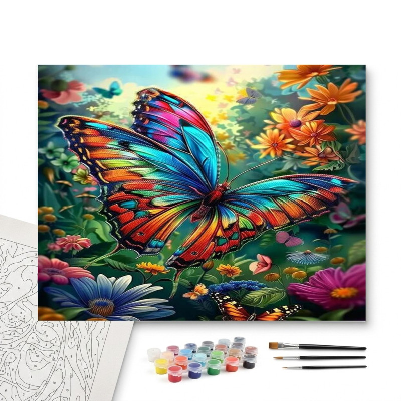 Contenu complet du kit peinture par numero Papillon Rainbow