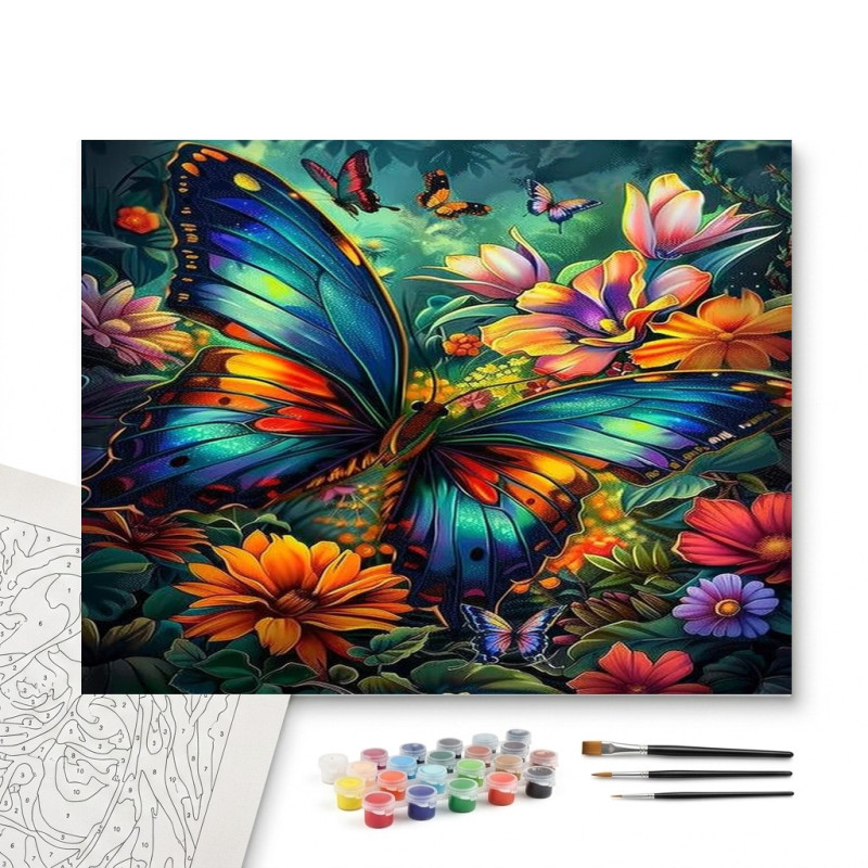 Contenu complet du kit peinture par numero Papillon Tropical Tableau Exotique