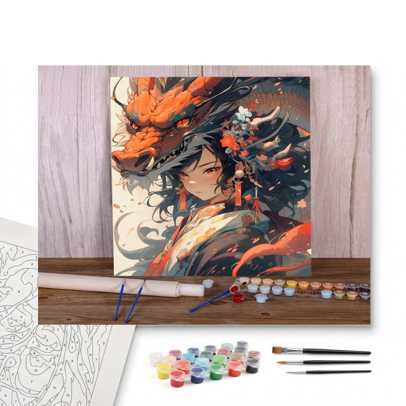 Contenu complet du kit peinture par numero La Gardienne du Dragon de Feu : Style Anime Japonais